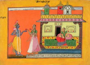 Krishna érkezése Radhas házába, illusztráció a bhanudattai Rasamanjari kéziratából, basholi stílusban, 1660-70 körül