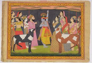 Krisna felemeli a Govardhana-hegyet a Bhagavata puránából, Kulu, Himachal Pradesh, 1749