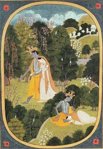 Radha és Krishna egy ligetben sétálnak, Kangra, Himachal Pradesh, 1820-25