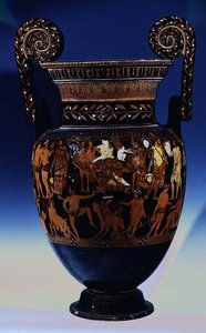 Tetőtéri, vörös alakú, gömbkráter, színészek és zenészek jelenetével díszítve, előadásra készülő Bacchus és Ariadne előtt, görögül, Ruvo-ból, Kr. E. 5. század (kerámia) (lásd még: 119445-7) alkotó: Painter Pronomos