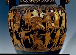 Tetőtéri vörös alakos volutakráter, Bacchus és Ariadne előtti előadásra készülő színészek és zenészek jelenetének részlete, görög, Ruvo-ból, Kr.e. 5. század (kerámia) (lásd még: 119444-5 alkotó: Painter Pronomos