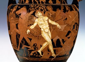 Tetőtéri vörös alakos voluta kráter, amely a bronzóriás, Talos (kerámia) halálát ábrázolja (85070 részlet) alkotó: Painter Talos