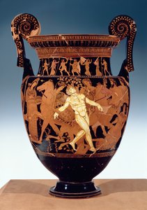 A bronz óriás, Talos (kerámia) halálát ábrázoló tetőtéri vörös alakos voluta kráter (részletesen lásd: 85071) alkotó: Painter Talos