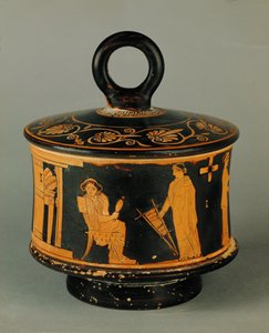 Háztartási jelenet, két nő a női szálláson, az egyik fon, a másik kezében egy kis kézi szövőszék ... alkotó: Painter of the Louvre Centauromach