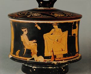 Háztartási jelenet, az egyik nő egy ruhadarabot mutat a másiknak ... alkotó: Painter of the Louvre Centauromach