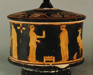 Háztartási jelenet, két nő, az egyik egy befőttesüveget kínál a másiknak ... alkotó: Painter of the Louvre Centauromach