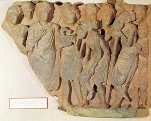 Győzelem a kígyón, dombormű, amely Buddhát ábrázolja, amint a rettegett kígyót bemutatja az áhított brahmanoknak, görög-buddhista stílusban, 1-4.