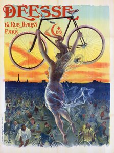 Vintage francia poszter egy istennőről kerékpárral, 1898 körül (színes litó)