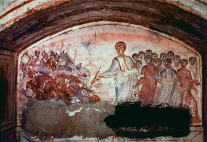 Paleochretian Art (az ókori Róma időszaka): A Vörös-tenger áthaladása. A római Via Latina katakombájának freskója. 4. század. - Paleokeresztény művészet (az ókori Róma időszaka): átkelés a Vörös-tengeren. Freskó a Via Latina katakombájából. 4. század