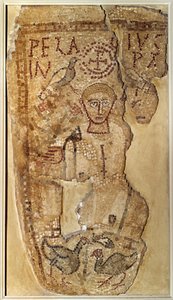Paleochretian antikvitás: „” Pelage (vagy Pelagius) aszkéta szerzetes (350-420) ábrázolása”” Temetési mozaik Tunéziából. Párizs, Louvre Múzeum