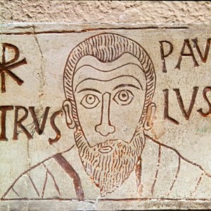 Szent Pál ábrázolása. Paleokeresztény graffiti az olaszországi Aquileiából, Kr.u. 1. század. Aquileia, Paleokeresztény Nemzeti Múzeum