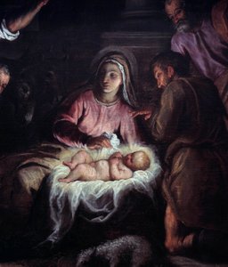 A Pásztorok imádása Palma Giovane (1544-1628) festményének részlete. 17. századi Geneve, Művészeti és Történeti Múzeum