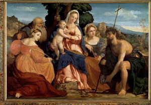 Szűz gyermekkel Szent Katalin és Szent Celesztinnel (balra) és Keresztelő Jánossal és Borbálával (jobbra) (Festmény alkotó: Palma Il Giovane