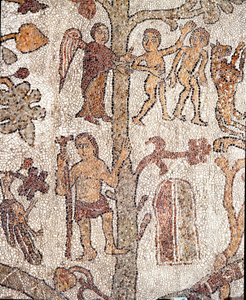 Ádám és Éva a földi paradicsomi mozaikról vadászik Pantaleone papról és mozaikról. 1163-1166. Az otrantói székesegyház központi hajója alkotó: Pantaleon