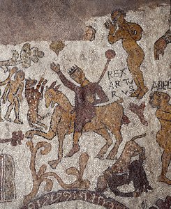 Arthur király és Perceval ábrázolása. Pantaleone mozaikja, pap és mozaik. 1163-1166. Otranto székesegyház központi hajója (Otranto), Olaszország alkotó: Pantaleon Pantaleon