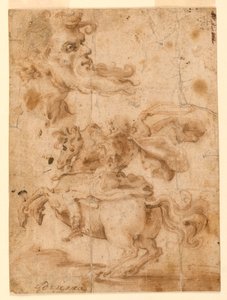 Rajz, Szakállas férfi feje, férfi lóháton, 1650 körül. alkotó: Paolo Emilio Besenzi
