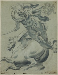 Perseus tartja a Medúza fejét, háttérben Pegazusszal