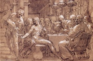 Szent Gergely vacsorája, Paolo Farinati (1524-1606) rajza, szürkésbarna akvarell, toll, fehér ólom és fekete ceruza, Olaszország