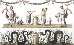 Freskók egy pompei magánház laráriumából, Jules Ferrario „Le Costume Ancien et Moderne” című művéből, az 1820-as és 30-as évek körül (színes litó)