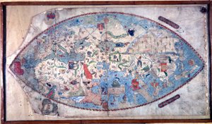 Paolo Toscanelli (1397 - 1497) világtérképe. 1457. Ez a térkép a Föld európai képét ábrázolja a nagy kontinensek felfedezése előtt. Library Nazionale Firenze alkotó: Paolo Toscanelli
