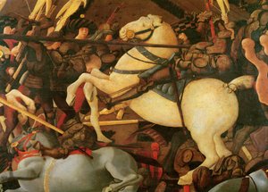 A San Romano-i csata, Bernardino della Ciarda részlete, aki lerúgta a lovát, 1456 körül, tempera a panelen