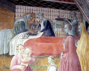 A Szűz születése, részlet A Szűz és Szent István élete című ciklusból, a Cappella dell"Assunta alkotó: Paolo Uccello