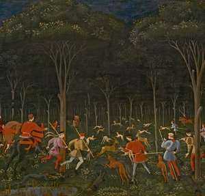 Vadászat az erdőben, 1465-70 körüli olaj, tábla, 100861 részlete