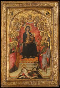 Madonna és a Szent János evangélistával trónoló gyermek, Szent Péter, Szent Ágnes..., 1385-90.