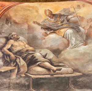 Paolo de Matteis 1714-ben készült freskói a boltozaton és a dobon, amelyek a Szent életét ábrázolják, San Cataldo kápolna a székesegyházban, Taranto, Olaszország (fotó). alkotó: Paolo di Matteis