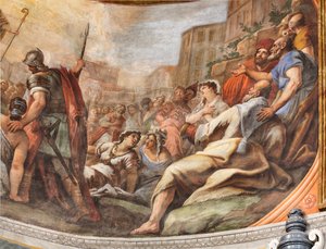 Paolo de Matteis 1714-ben készült freskói a boltozaton és a dobon, amelyek a Szent életét ábrázolják, San Cataldo kápolna a székesegyházban, Taranto, Olaszország (fotó). alkotó: Paolo di Matteis