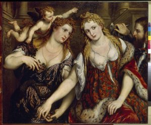 Flóra, Vénusz, Mars és Ámor (Flora, Venus, Mars és Cupido). Paris Bordone festménye (1500-1571), olaj, vászon, 1550 körül. Olasz művészet (Velence) alkotó: Paris Bordone