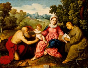 Madonna és gyermeke Szent Jeromossal és Ferenccel, 1525 körül alkotó: Paris Bordone