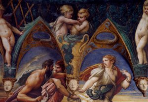 Actaeon társaival, részlet Diana és Actaeon mítoszából, 1524 körül, Francesco Mazzola, Parmigianino (1503-1540), freskó, Diana és Actaeon szobája, Rocca Sanvitale, Fontanellato, Parma közelében, Emilia-Romagna, Olaszország alkotó: Parmigianino