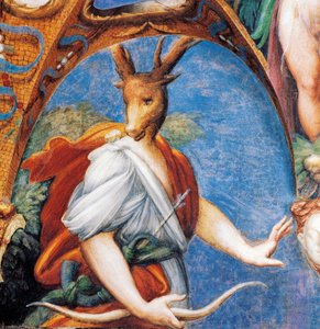 Actaeon szarvasbikává alakítása, Diana és Actaeon mítoszából, 1524 körül, Francesco Mazzola, Parmigianino (1503-1540), freskó, Diana és Actaeon szobája, Rocca Sanvitale, Fontanellato, Parma közelében, Emilia-Romagna, Olaszország alkotó: Parmigianino