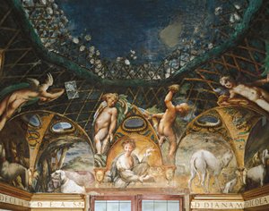 Ceres vadászkutyákkal és kerubokkal körülvett eseményeken vesz részt a Diana mítoszából és az Actaeonból alkotó: Parmigianino