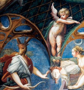 Diana az Actaeont szarvasbikává alakítja, részlet Diana és Actaeon mítoszából, 1524 körül, Francesco Mazzola, Parmigianino (1503-1540), freskó, Diana és Actaeon szobája, Rocca Sanvitale, Fontanellato, Parma közelében, Emilia-Romagna Olaszország