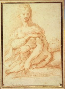 A Szűz a Gyermekkel az ölében játszik (piros kréta fehér papíron) alkotó: Parmigianino
