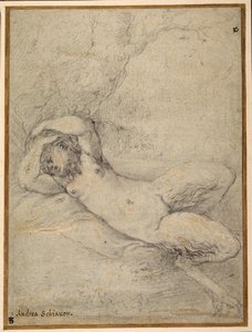 Egy fa alatt alvó szatírnő (fekete kréta fehér testszín magasítással a carta azzurrán) alkotó: Parmigianino