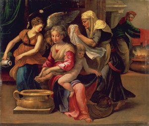 Babafürdetés (olaj a panelen) alkotó: Parmigianino