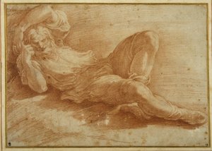 Szakállas alak, alszik (piros kréta fehér papíron) alkotó: Parmigianino