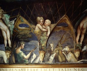 Francesco Mazzola Diane (Artemisz) és Acteon szobájának Le Parmesan (1503-1540) (Parmigianino) freskójának részlete Paola Gonzaga és Galeazzo Sanvitale számára. A kürtöt játszó nimfát, valamint a kerubinokat és a „puttit” ábrázolja. Az Acteon egy szarvas alkotó: Parmigianino