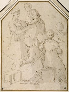 Házi csoport, két álló nő és négy ülő (toll és barna tinta halványbarna mosással fehér papíron) alkotó: Parmigianino