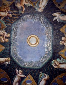 Putti és égbolt pillantása, 1524 körül, Francesco Mazzola, Parmigianino (1503-1540), freskó, Diana és Actaeon termének boltozata, Rocca Sanvitale, Fontanellato, Parma közelében, Emilia-Romagna, Detail, Olaszország alkotó: Parmigianino