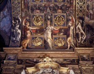 Három az öt őrült szűz közül. Részlet Francesco Mazzola (1503-1540) A Parmigianino (Parmezán) néven ismert freskóiról, amelyek a pármai Madonna della Steccata templom fő kápolnájának fő boltozatát díszítik. alkotó: Parmigianino