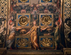 Három bölcs szűz, a Három bölcs szűz és három bolond szűz részlete, Francesco Mazzola, ismert mint Il Parmigianino, freskó, a presbitérium boltozatának alján, Santa Maria della Steccata kegyhely, Parma, Emilia-Romagna. Olaszország alkotó: Parmigianino