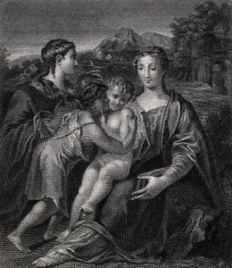 Szűz Mária (a Boldogságos Szűz) a gyermek Jézussal, Keresztelő Szent Jánossal és Szent Mária Magdolnával. Metszet G.F.M. Mazzola, il Parmigianino után. alkotó: Parmigianino