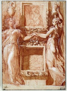 Két kanefor nyújtja a kezét, a dobozok mindkét oldalán Girolamo Francesco Maria Mazzola dit Parmigianino vagy Le Parmesan tintával, mosással, vérrel és fehér fülekkel rajz