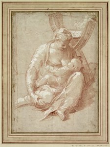 Szűz ül a földön, ápolja a gyermeket alkotó: Parmigianino
