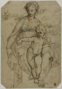 Szűz és gyermek (recto); Vázlat három szentről és karikatúra vázlat (fordítva) alkotó: Parmigianino