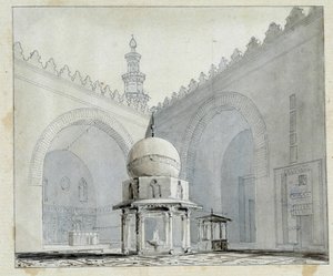 Hasszán szultán mecsetének udvara, Kairó, Egyiptom. Pascal Coste (1787-1879) akvarellje. Marseille városi könyvtára
